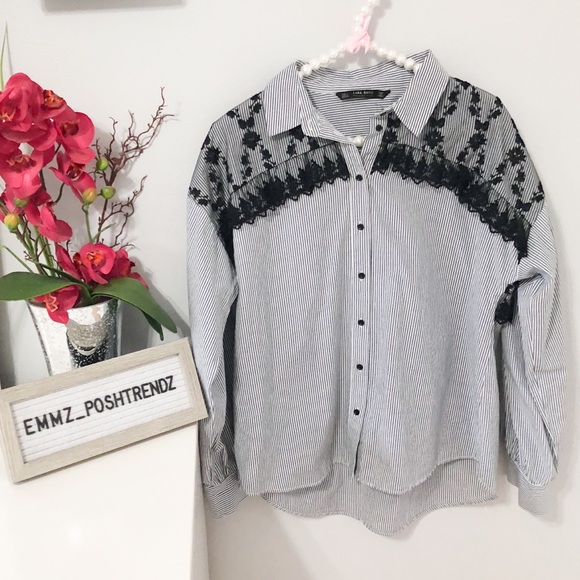 Zara Collection Striped Lace Button Down Size L - Picture 3 of 6